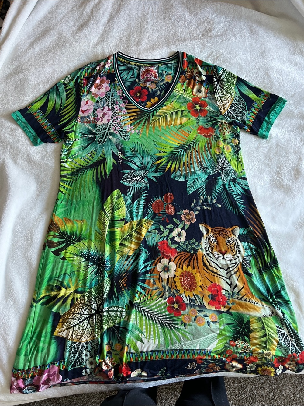 Johnny Was. Tiger and floral print dress with a tropical vibe.